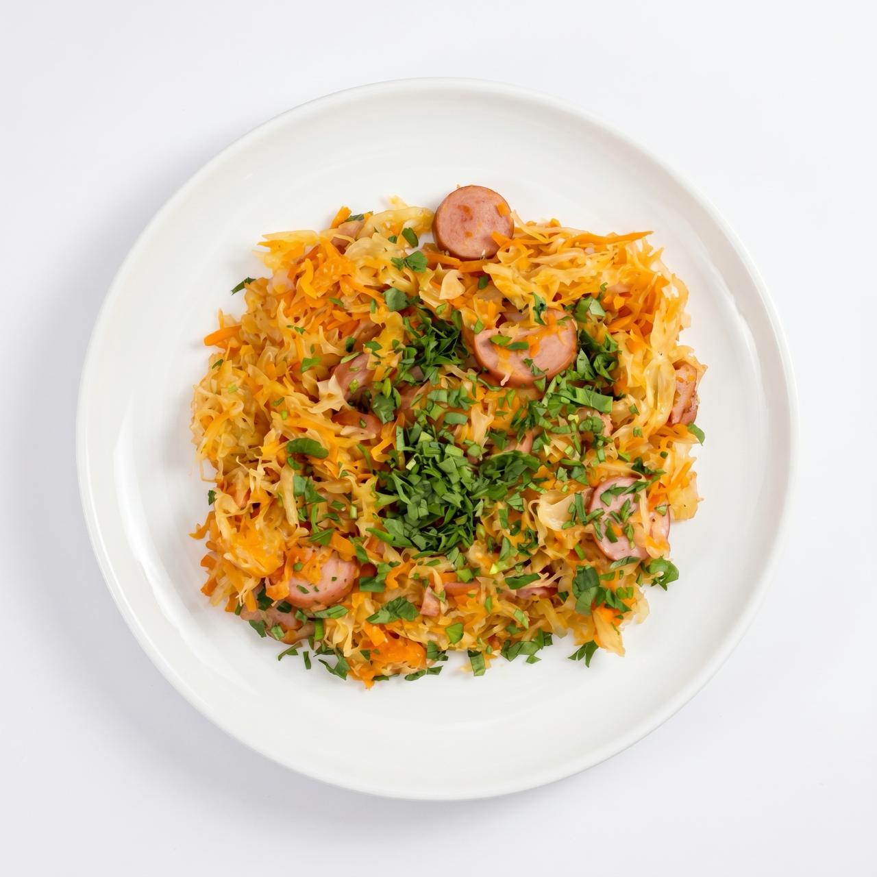 Капуста тушеная с сосисками