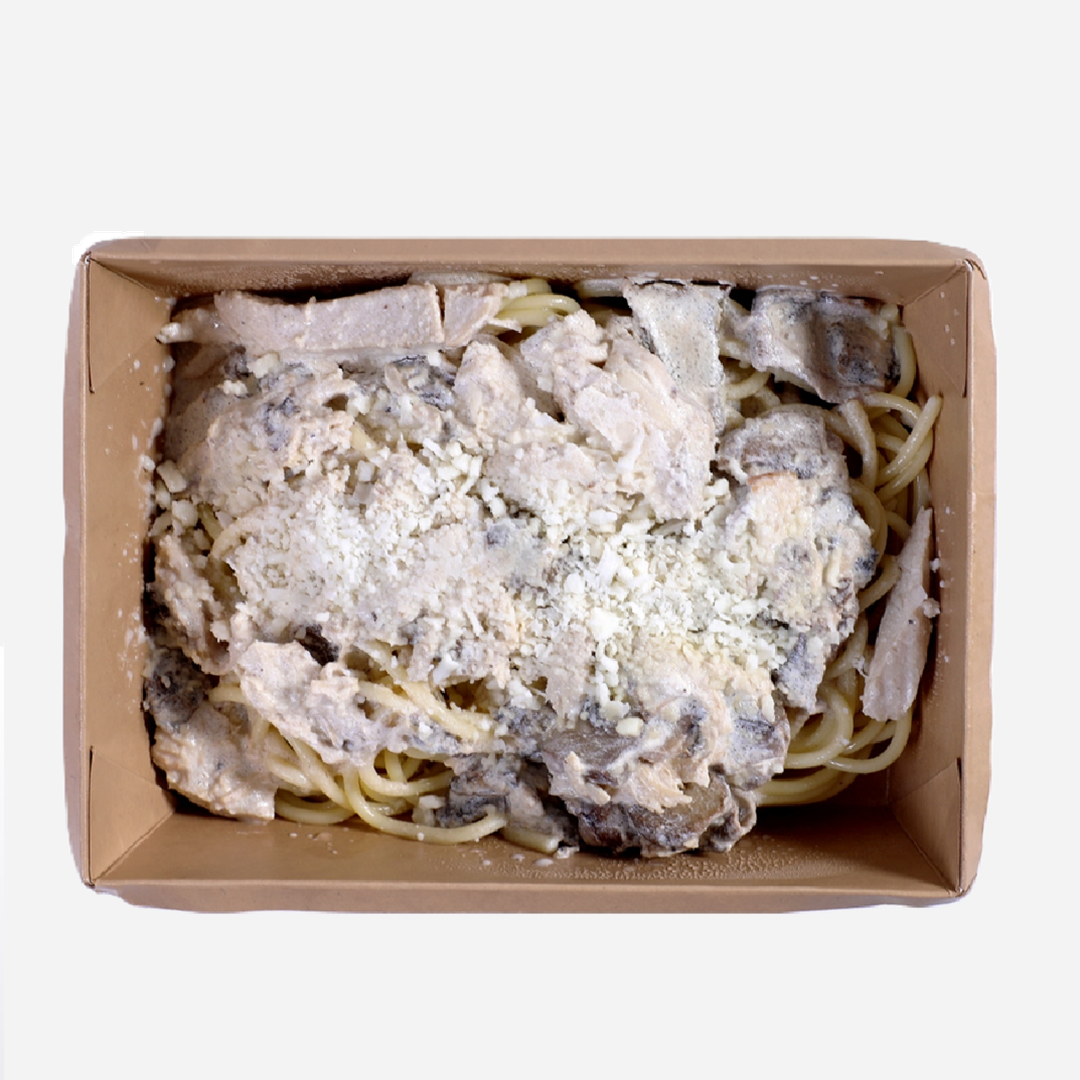 Спагетти с курицей и грибами в сливочном соусе